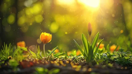 Küchenrückwand glas motiv Bright orange crocus flowers bloom on a green meadow under bright sunlight. The coming of spring. Women's Day. © Tatiana Munko