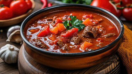 Bowl of red soup with meat and vegetables