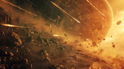 Space background with meteorites falling towards a barren, rocky planet surface, creating a dramatic and intense scene. - obrazy, fototapety, plakaty