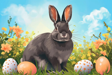Rabbit is sitting in field of flowers and eggs