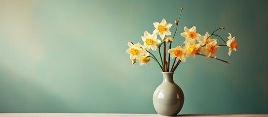 A gray vase sits on a table, holding bright yellow narcissus flowers. The vibrant colors add a pop of cheer to the room.