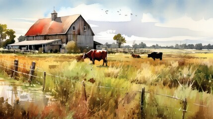 Summer watercolor background. A landscape with blue clouds, green grass and meadow, a farmhouse and grazing cows.