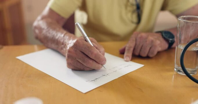Hands, elderly person and writing letter with pen for communication, postage and Parkinson disease. Senior writer, paperwork and notes for contact with language, memory and ideas in nursing home