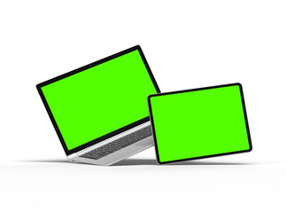 3d render of laptop and tablet with green screen on a light background