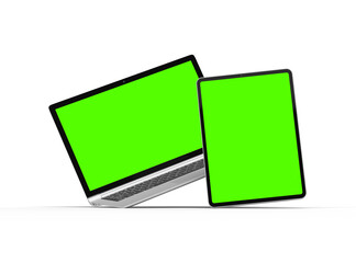 Obraz na płótnie Canvas 3d render of laptop and tablet with green screen on a light background