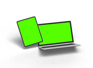 Obraz na płótnie Canvas 3d render of laptop and tablet with green screen on a light background