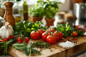 Foto op Canvas a wooden cutting board with tomatoes , garlic , and other vegetables on it © Maksym