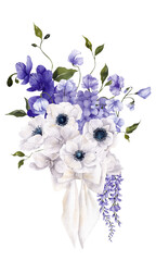 Bouquet with watercolor hand draw flowers, leaves, branches and bow. Purple floral arrangements, isolated on transparent background. PNG files