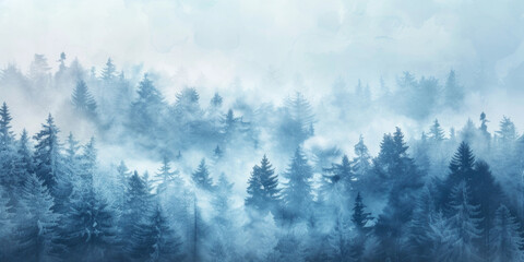 Forest with trees covered in thick layer of fog