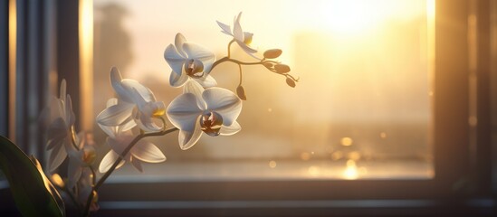 A white orchid flower is elegantly placed on top of a window sill, illuminated by the warm sunset light. The soft rays of light create a blurred effect, adding a sense of mystery to the scene.