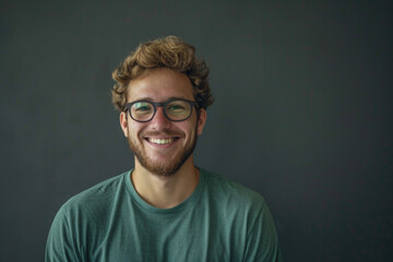 Obraz premium Man with glasses is smiling and wearing green shirt