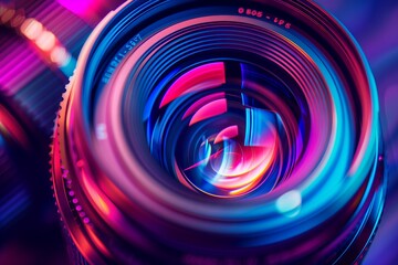 A close up of a camera lens against a colorful background with shades of purple, pink, violet, magenta, and electric blue, resembling a swirling liquid or gas in a circular pattern - Powered by Adobe