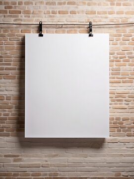 Blank white hanging poster with clothespins on brick wall

