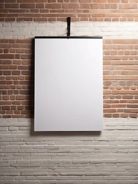 Blank white hanging poster with clothespins on brick wall
