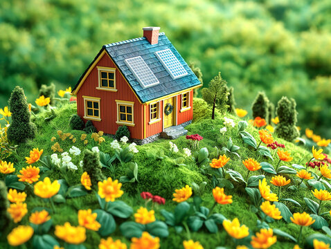 Imagens de maquetes de casa em miniatura com energia solar, destacando sua importância. Uso: educação ambiental, conscientização sobre energia limpa, sustentabilidade residenc