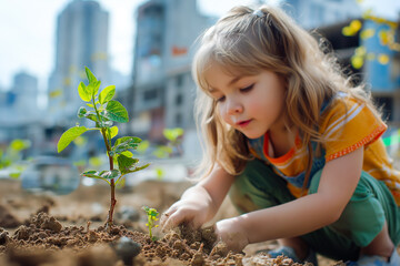 Crianças plantando mudas de árvores. Uso: educação ambiental, consciência ecológica, sustentabilidade, futuro sustentável, reflorestamento e paisagismo. - obrazy, fototapety, plakaty