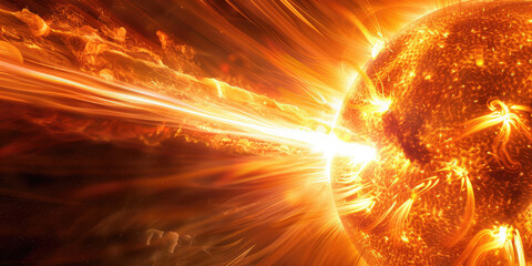 Fototapeta premium Stellar Solar Flare. Close-up representation of a solar fire flare on the sun surface, radiant with energy, copy space.