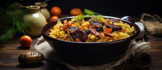 A delicious meal is displayed in a bowl on a rustic wooden table, showcasing a blend of fresh ingredients and vibrant produce in a harmonious cuisine