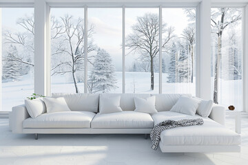 White living room interior with sofa and winter landscape in window