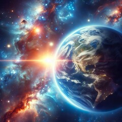 Earth from space. Earth globe with stars and nebula background. Earth, Galaxy and Sun from space. Blue Sunrise.Elements of this image furnished by NASA.