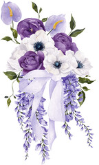 Bouquet with watercolor hand draw flowers, leaves, branches and bow. Purple floral arrangements, isolated on transparent background. PNG files