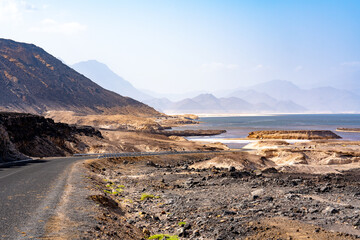 Djibouti,  the colourful salt lake Assal part of the Afar Depression.. 