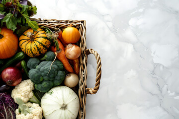 A basket of natural foods like pumpkin, squash, and gourd displayed on a table