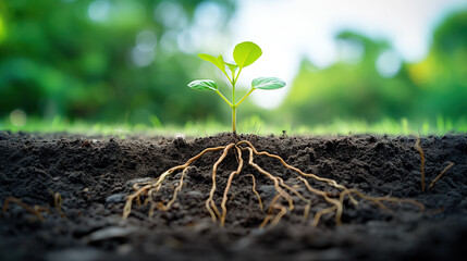 Pequena plantinha mostrando suas raízes crescendo na terra. Uso: conscientização ambiental, renovação, crescimento sustentável, ecologia - obrazy, fototapety, plakaty