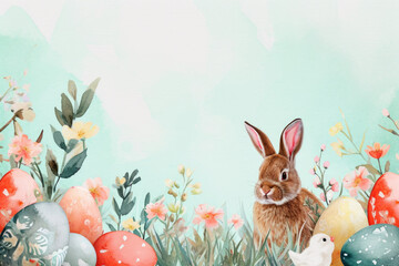 Rabbit is standing in field of flowers and eggs