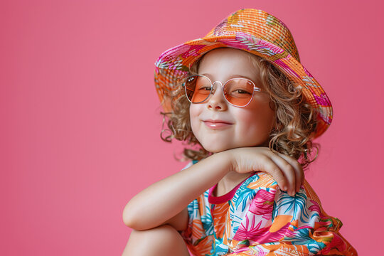 Girl in summer clothes, ready for her vacation at the beach, red background.