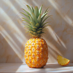 A pineapple on a white background under an impressive light standing at a full angle, shadows falling on the ground and a beautiful light