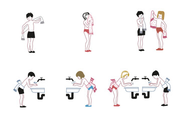 Hand drawn illustration of cute children standing at the sink, washing their hands and washing themselves. Hygiene procedures and safety during viruses and infections.