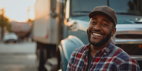 Smiling man in plaid shirt is sitting next to truck - obrazy, fototapety, plakaty