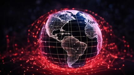 Digital globe surrounded complex network of lines dots. Bright white light outlines continents against dark background. Vibrant red network symbolizes global connectivity or digital grid - obrazy, fototapety, plakaty