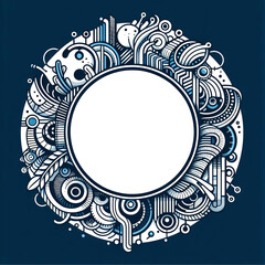 Abstract design blue white circle ornamental swirls lines shapes dynamic movement energy vibrancy flow elegance innovation imagination with white free space.