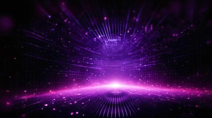 Abstract purple light explosion digital energy pattern space future design bright motion dynamic speed illumination radiance particles dots grid lines rays