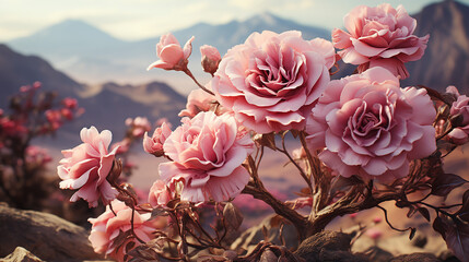 Fantasy rose in the background of the landscape photo, generative ai