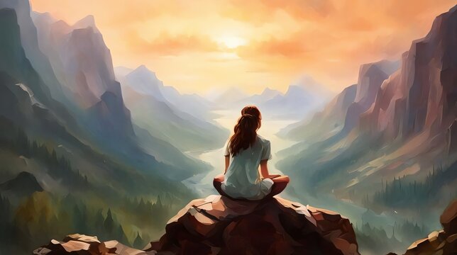 Man sitting on the edge of a cliff and meditation contemplation. Dawn over mountains, lone person, peaceful nature river forest morning journey art painting illustration