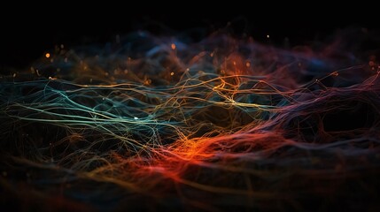 Abstract glowing fibers create a network of energy in dark space. The design is futuristic with a sense of depth and motion. digital and represents technology and complexity - obrazy, fototapety, plakaty