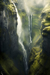 a stunning waterfall cascading down mossy cliffs, surrounded by mist and lush greenery, creating a...