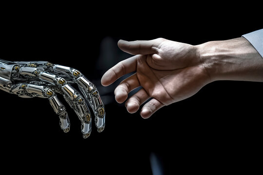 a human hand reaching towards a detailed, mechanical robotic hand, symbolizing human-robot interaction