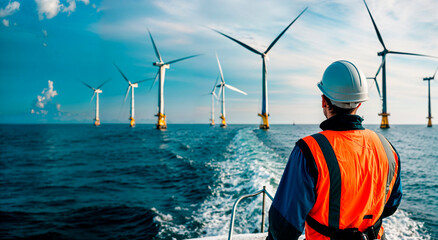 An engineer in safety gear observes an offshore wind farm, symbolizing renewable energy and sustainable technology in maritime environments. - obrazy, fototapety, plakaty