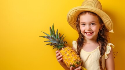 happy little girl in a straw hat holds a pineapple and a banana on a yellow background with space for text - obrazy, fototapety, plakaty