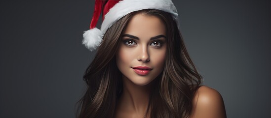 A woman with long hair is wearing a Santa hat, adding a festive touch to her appearance. Her hair cascades down her shoulders, contrasting with the bright red hat.