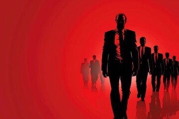 An executive businessman leading a team, isolated on a solid red background. - obrazy, fototapety, plakaty