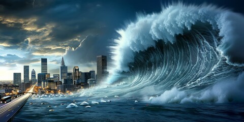 Monumental Wave Crashing into a Modern Cityscape at Night with Lightning Storm - obrazy, fototapety, plakaty