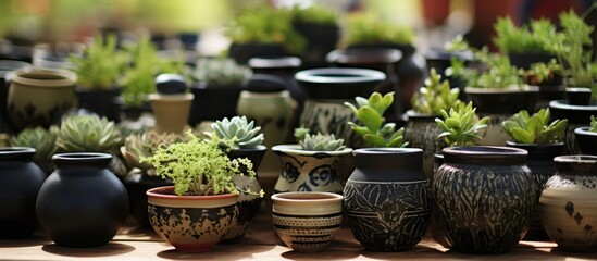 Several flowerpots containing houseplants, terrestrial plants, and grass are arranged on a table, creating a beautiful landscape for an outdoor event - obrazy, fototapety, plakaty