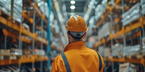 Warehouse worker in safety vest standing between shelves. First of may day of workers celebration. Logistic and cobot. Cooperative robot in supply chain, industry 4.0 robotics automation in a factory.
