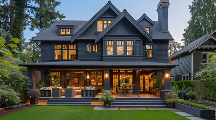 A craftsman house in slate grey, with a backyard including a modern art installation and minimalist...