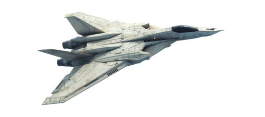 A futuristic jet fighter aircraft isolated on transparent background.